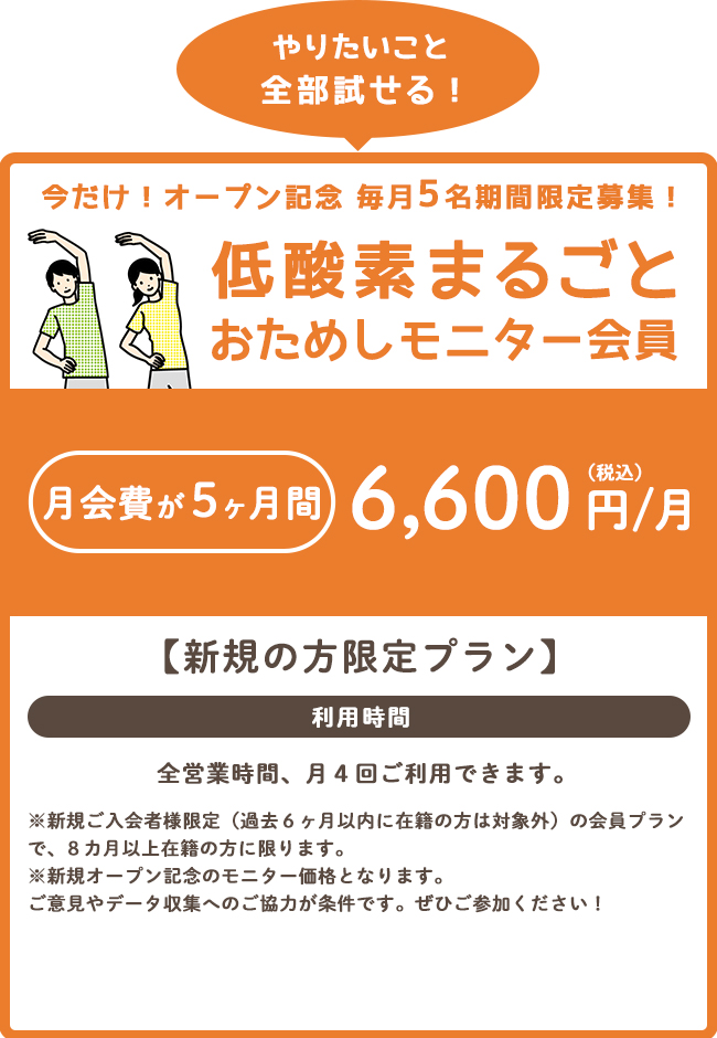 低酸素ジム３Ｐｏ 亀戸駅前店の新規オープン記念の低酸素まるごとおためしモニター会員